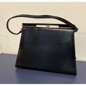 Vintage Air Step Clutch/Handbag Purse Black Faux Patent Leather metal frame MCM
